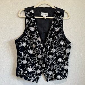 VTG Norton McNaughton Black Vest 16 White Floral Embroidery Boho Cottagecore